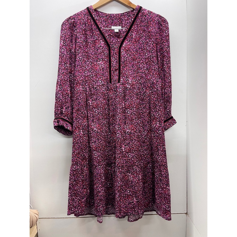 J. Jill Pink Purple Floral Tiered Shift‎ Dress Velvet Trim Split Neck XS 0488017